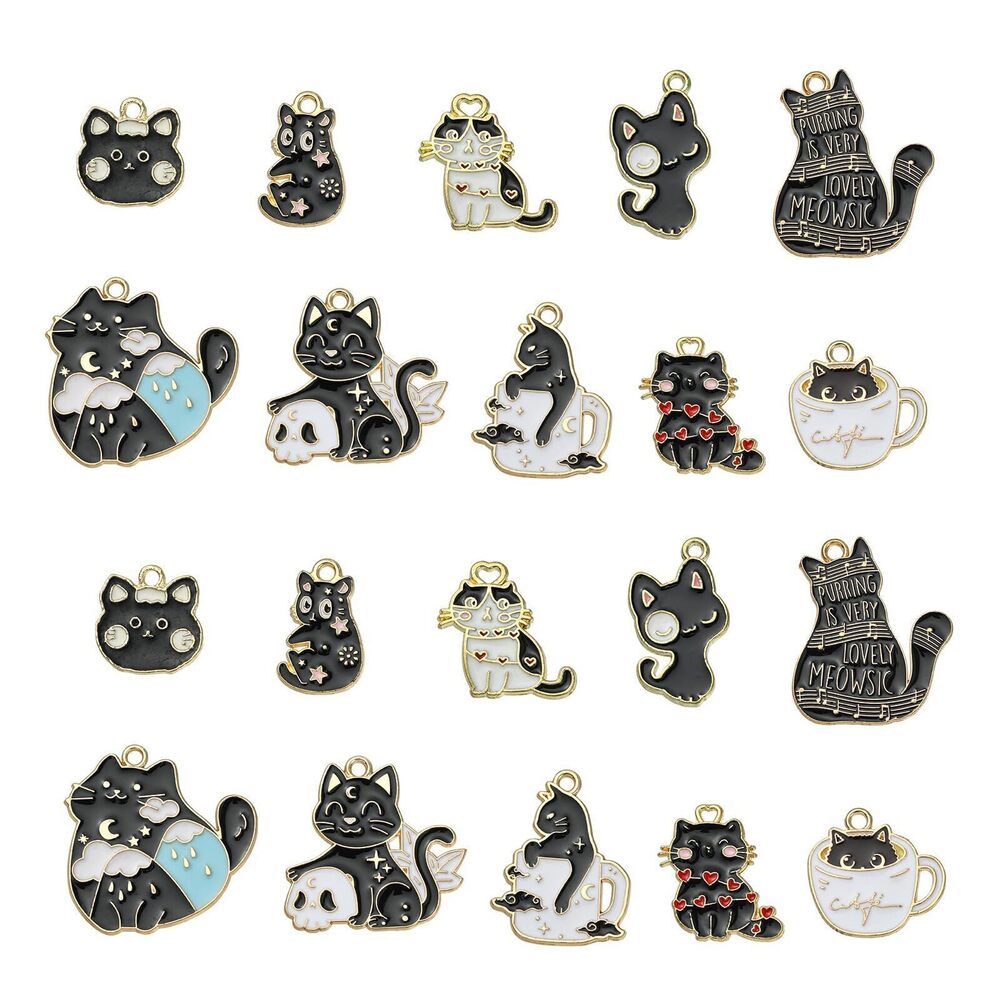 6099 30 Pcs 10 Styles Enamel Animal Pet Charms Cute Black Cat Kitten Charms